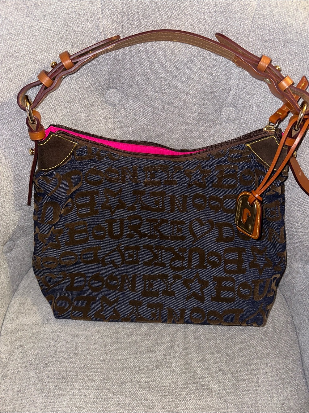 Dooney & Bourke Brown Logo Denim Shoulder Bag with Pink interior